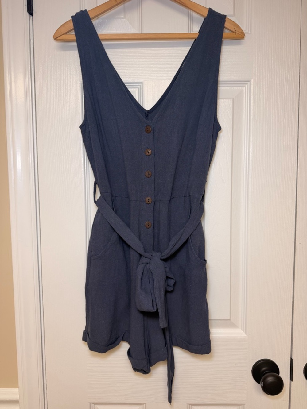 VICI Linen Blend Romper Blue Button Front Tie Waist Pocketed Boho Summer Small - Picture 2 of 11